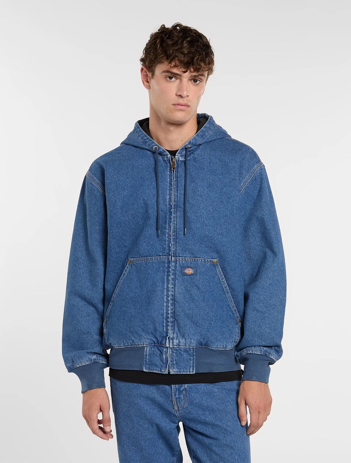 Lined denim hooded bomber jacket