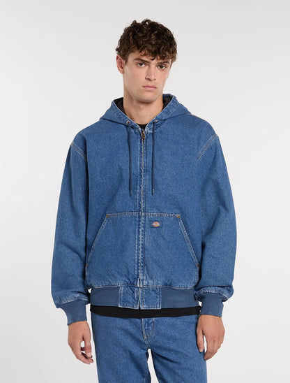 Lined denim hooded bomber jacket