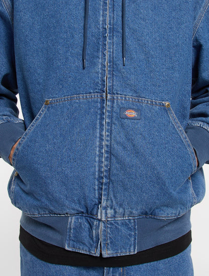 Lined denim hooded bomber jacket