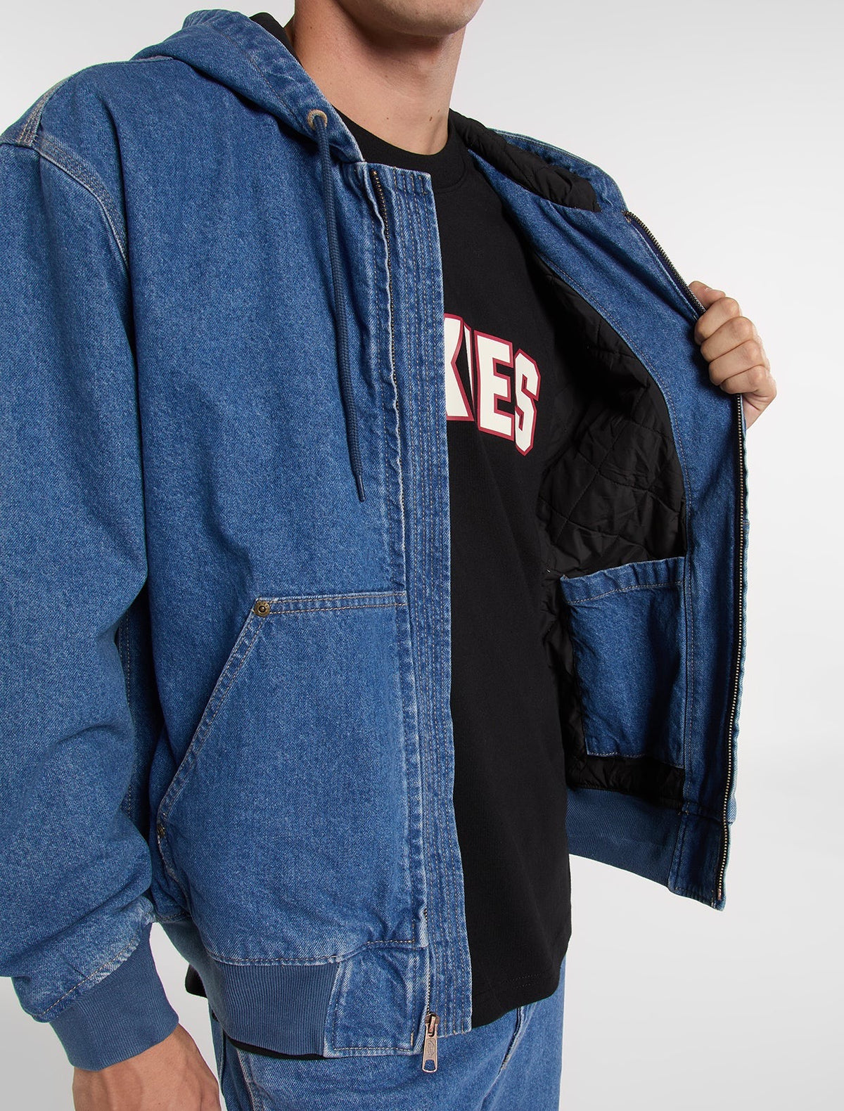 Lined denim hooded bomber jacket