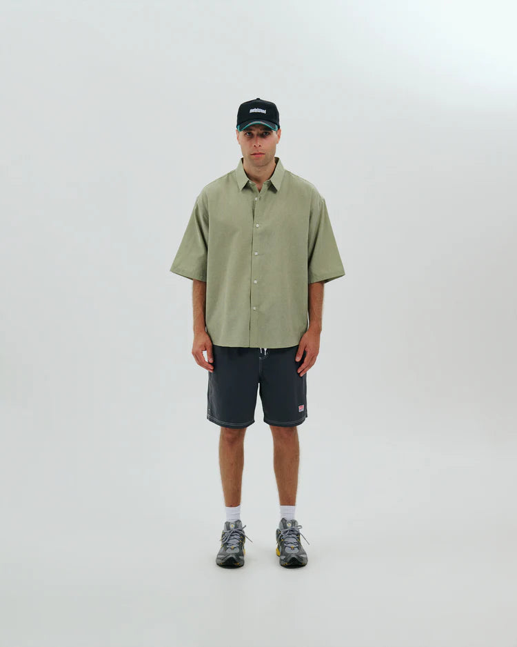 Micro Grid Oversized Button Up Shirt Green