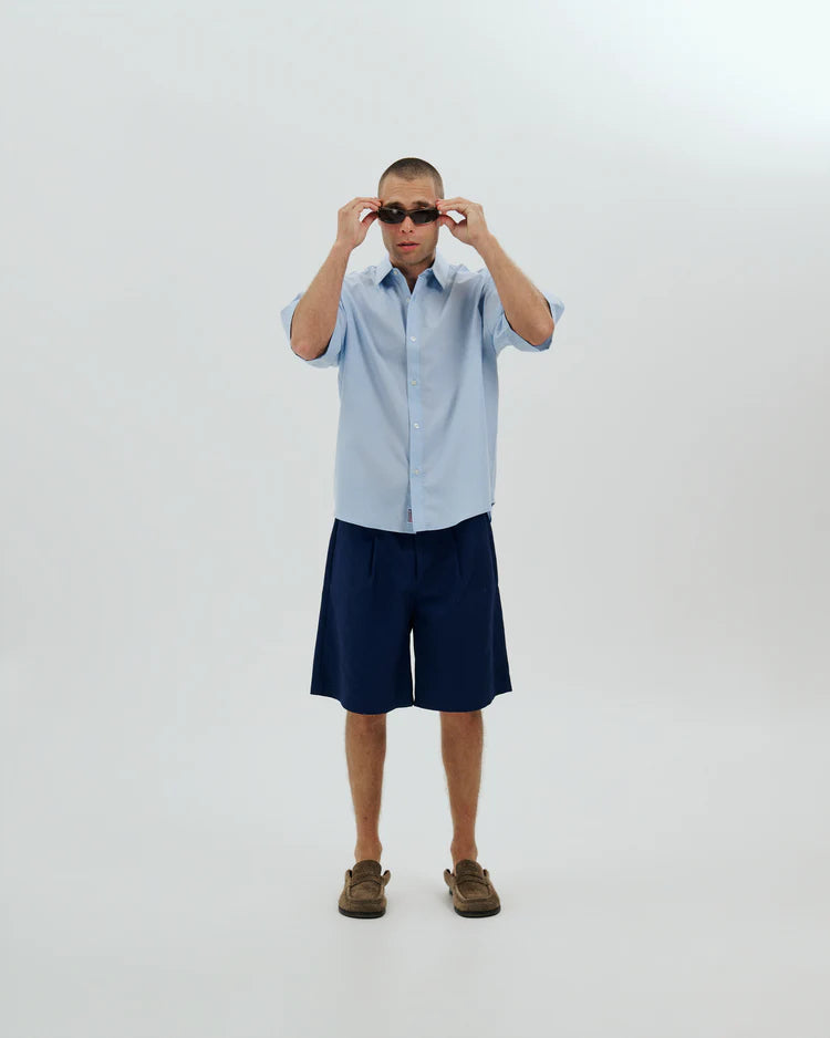 Micro Grid Oversized Button Up Shirt Blue