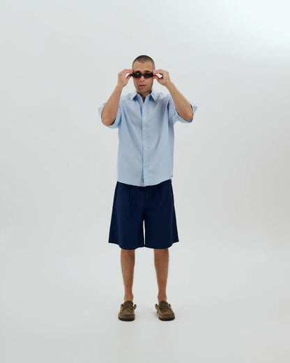 Micro Grid Oversized Button Up Shirt Blue